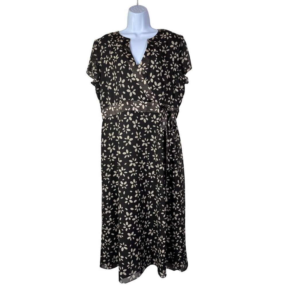 Vtg Talbots 100% Silk Brown Floral Midi Faux Wrap Dress Short Sleeves Size 14